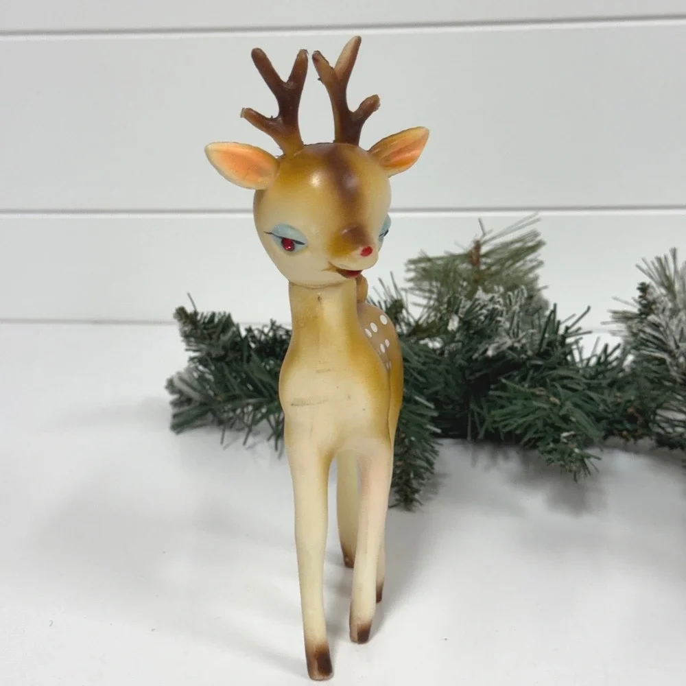 Vintage MCM Rubber Reindeer Figurine Red Rhinestone Eyes Christmas Decor Japan